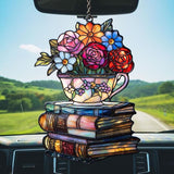 Floral Tea Cups Acrylic Suncatcher Stained Glass Effect Window Car Hanging Christmas Ornament Indoor Outdoor Decor Garden Sun Catcher Panel for Boba Tea Lover for Women Mom Grandma