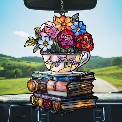 Floral Tea Cups Acrylic Suncatcher Stained Glass Effect Window Car Hanging Christmas Ornament Indoor Outdoor Decor Garden Sun Catcher Panel for Boba Tea Lover for Women Mom Grandma