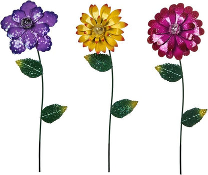 Flower Garden Stake Metal Outdoor Flower Garden Decor for Outside Yard Art Glow in Dark Yard Lawn Ornaments Decor,Set of 3,Colorful Flower