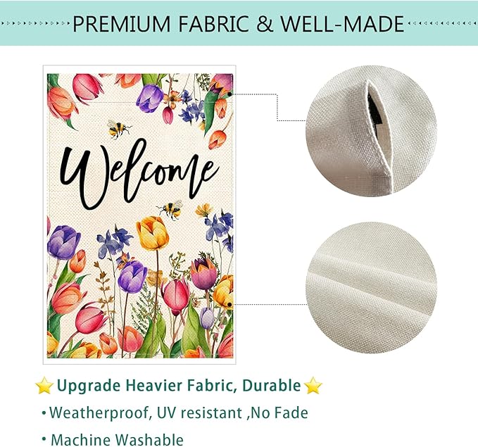 Baccessor Spring Summer Easter Tulip Welcome House Flag Double Sided Bee Colorful Floral Burlap Yard House Seasonal Farmhouse Outside Outdoor Decoration 28 x 40 Inch（large）