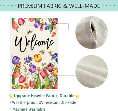 Baccessor Spring Summer Easter Tulip Welcome House Flag Double Sided Bee Colorful Floral Burlap Yard House Seasonal Farmhouse Outside Outdoor Decoration 28 x 40 Inch（large）