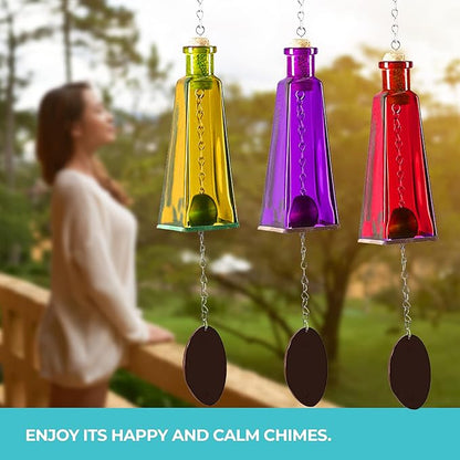 Blue Ridge Mountain Gifts Pyramid Bottle Wind Chime for Garden & Porch Decor w/Cooper Accent, Stained Wooden Ball, & Colorful Glass Bottles - Ideal for Wind Chime Lovers (Amber)