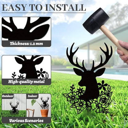 WADORN Deer Head Flowers Metal Decorative Garden Stakes, Black Outdoor Statues Silhouette Cute Deer Lover Gifts Animal Stakes Silhouette Ornaments for Yard Art Garden Patio Backyard Lawn Decors
