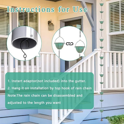 10.4FT Lotus Rain Chains for Outside, Rain Gutter Chain with 16 Cups, Adjustable Rain Catcher Chain for Eaves Drainage, Replacement for Downspout
