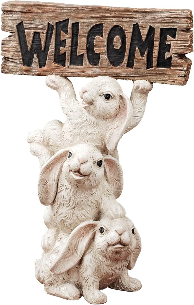 Touch of Class Bunnies Trio Welcome Sculpture - Resin - White, Brown - Indoor, Outdoor - Cute Smiling Hares for Entryway, Foyer, Hallway, Porch, Garden, Lawn, Yard