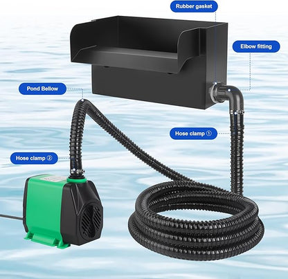 All-in-One Pond Waterfall Spillway Kit – 8” 304 Stainless Steel Waterfall Box with Ultra-Quiet 660GPH Pump, 10FT Tubing, Filter & Accessories for Outdoor Garden, Pool, Backyard Ponds