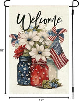 1Pcs 4th of July Garden Flag, Summer Small Yard Flags for Outside, Independence Day Garden Flags 12x18 Vertical Double Sided, Patriotic Mason Jar Flowers Garden Flags for 4th of July Outside Decoration