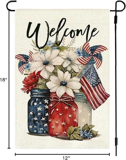 1Pcs 4th of July Garden Flag, Summer Small Yard Flags for Outside, Independence Day Garden Flags 12x18 Vertical Double Sided, Patriotic Mason Jar Flowers Garden Flags for 4th of July Outside Decoration