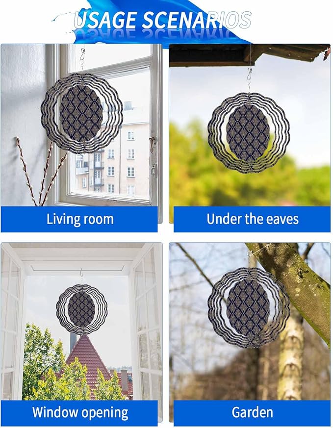 Stainless Steel Wind Spinner for Yard Garden Decoration, Navy Gold Geo Pattern Round Wind Sculpture Spinner 3D Crafts Hanging Ornaments for Indoor Outdoor, 8 Inch