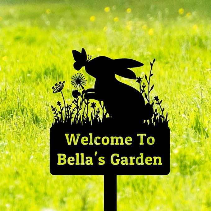 Personalized Rabbit Garden Sign, Custom Rabbit Garden Stake Bunny Silhouette Garden Sign, Bunny Metal Yard Art, Flowers Rabbit Bunny Outdoor Yard Sign Lawn Decor Patio Sign