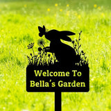 Personalized Rabbit Garden Sign, Custom Rabbit Garden Stake Bunny Silhouette Garden Sign, Bunny Metal Yard Art, Flowers Rabbit Bunny Outdoor Yard Sign Lawn Decor Patio Sign