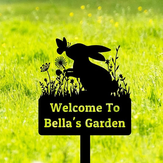 Personalized Rabbit Garden Sign, Custom Rabbit Garden Stake Bunny Silhouette Garden Sign, Bunny Metal Yard Art, Flowers Rabbit Bunny Outdoor Yard Sign Lawn Decor Patio Sign