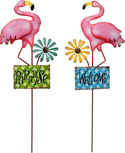 Metal Flamingo Garden Stakes Welcome Yard Sign Decorative Pink Flamingos Ornament Indoor Outdoor Party Stake Lawn Art Patio Backyard Flower Bed Decor (set of 2, S)