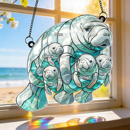 Personalized Manatee Family Acrylic Sun Catcher Ornament Gift for Grandma Mom, Custom Kids Names Window Decor, Heartfelt Gifts for Mimi Nana from Grandkids, Family Window Hanging Decor
