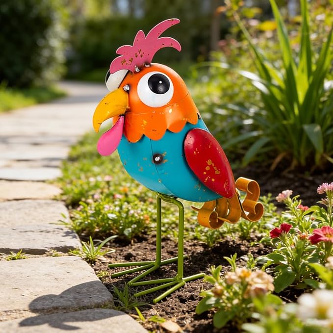 Metal Wacky Rooster Garden Statues, 11” Rooster Outdoor Decor Chicken Yard Art Sculptures Decoration for Home Outsiede Patio Lawn Backyard, Gift for Women Lovers Moms(Red & Blue)