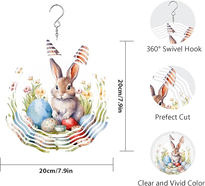 Easter Bunny Wind Spinner 8 Inch Aluminum Kinetic Hanging Wind Sculpture Spinners for Yard and Garden Indoor Outdoor Window Easter Rabbit Yard Art Garden Decoration