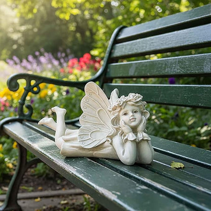 Lying Fairy Garden Statue with Hands on Chin – Outdoor Resin Angel Figurine for Yard, Patio or Lawn Decor – 10.24” Hand-Painted Fairy for Garden Fairy Scenes & Whimsical Outdoor Displays
