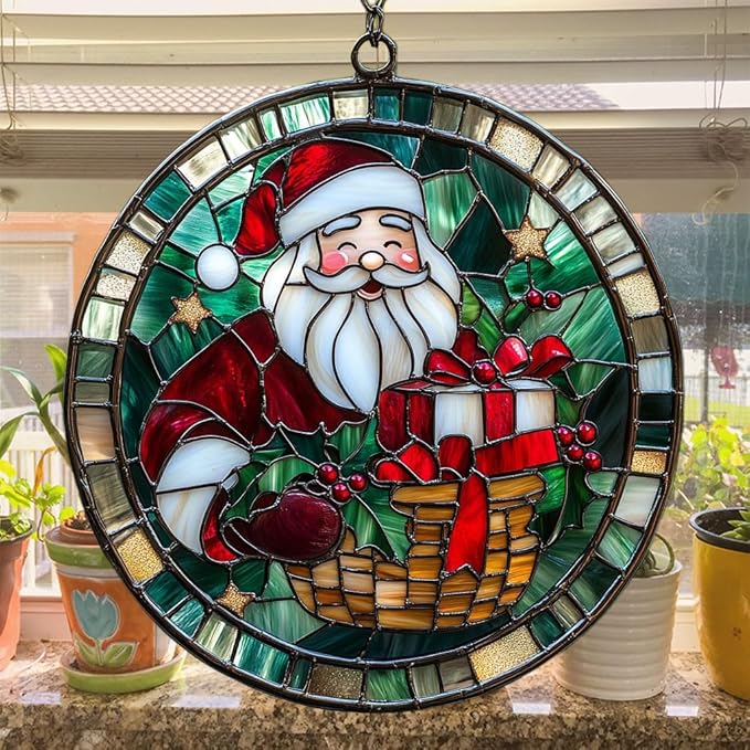 Santa Claus and Presents Acrylic Suncatcher Stained Glass Effect Window Car Hanging Christmas Ornament Indoor Outdoor Decor Garden Sun Catcher Panel for Christmas Lover for Women Mom Grandma
