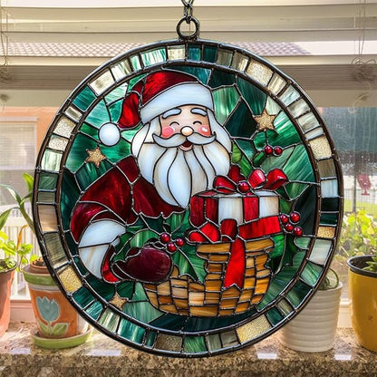 Santa Claus and Presents Acrylic Suncatcher Stained Glass Effect Window Car Hanging Christmas Ornament Indoor Outdoor Decor Garden Sun Catcher Panel for Christmas Lover for Women Mom Grandma