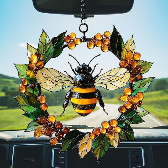 Bee Floral Wreath Acrylic Suncatcher Stained Glass Effect Window Car Hanging Christmas Ornament Indoor Outdoor Decor Garden Sun Catcher Panel for Bee Lover for Women Mom Grandma