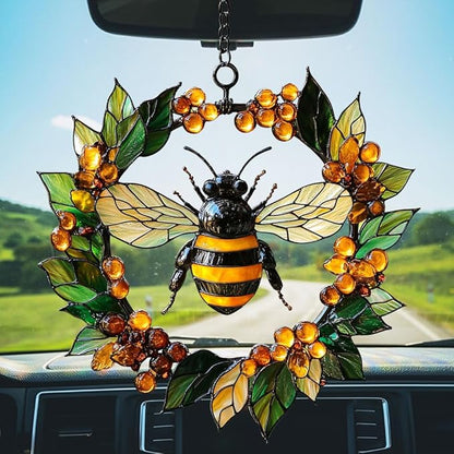Bee Floral Wreath Acrylic Suncatcher Stained Glass Effect Window Car Hanging Christmas Ornament Indoor Outdoor Decor Garden Sun Catcher Panel for Bee Lover for Women Mom Grandma