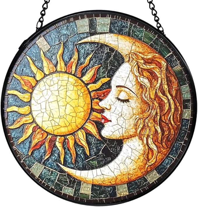 Sun and Moon Suncatchers Stained Glass Window Hanging, Celestial Suncatchers Indoor Window Glass Round Wall Decor, Sun Moon Decor Wall Hanging Decorations, 7.9x7.9in