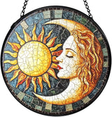 Sun and Moon Suncatchers Stained Glass Window Hanging, Celestial Suncatchers Indoor Window Glass Round Wall Decor, Sun Moon Decor Wall Hanging Decorations, 7.9x7.9in