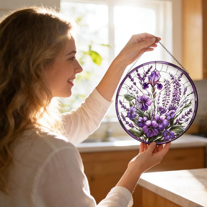Lavender Flower Suncatchers Stained Glass Window Hanging, Flower Sun Catchers Indoor Window Glass Round Wall Decor, Christmas, Mother's Day, Birthday Gifts for Mom Grandma Women Wife Lovers