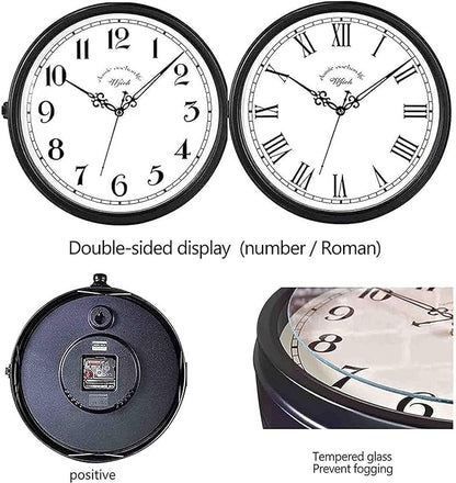 American Iron Vintage Train Station Clock Double Sided Wall Clock, Double Sided Metal Clock, European Antique Silent Double Sided Wall Clock for Patio, Garage, Fence, House, Living Room Art Decoration