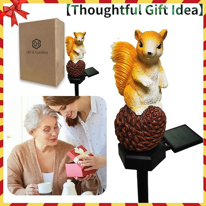QH & Garden Solar Outdoor Lights Squirrel Garden Statues Decor，Resin Squirrel Solar Light Birthday Gifts for Mom- Waterproof Cute Animal Figurine Lights for Balcony, Yard, Lawn, Pathway, Walkway