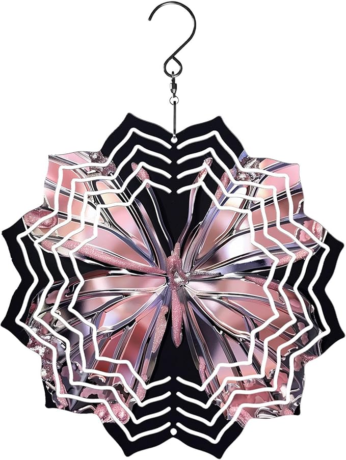 8 Inch Sublimation Wind Spinner, 3D Aluminum Metal Wind Spinner with Hook, Indoor Yard Garden Hanging Decoration, Weather Resistant Rotating Spiral Ornament, Shiny Pink Butterfly