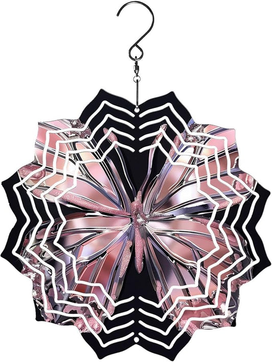 8 Inch Sublimation Wind Spinner, 3D Aluminum Metal Wind Spinner with Hook, Indoor Yard Garden Hanging Decoration, Weather Resistant Rotating Spiral Ornament, Shiny Pink Butterfly