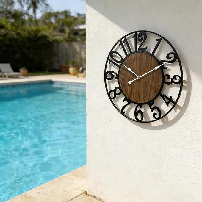 Large Outdoor Clock for Patio - 24 Inch Silent Non-Ticking Outdoor Wall Clock for Garden, Porch, Pool Area - Vintage Farmhouse Wooden & Black Metal Decorative Clock for Living Room, Kitchen