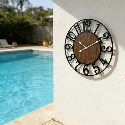 Large Outdoor Clock for Patio - 24 Inch Silent Non-Ticking Outdoor Wall Clock for Garden, Porch, Pool Area - Vintage Farmhouse Wooden & Black Metal Decorative Clock for Living Room, Kitchen