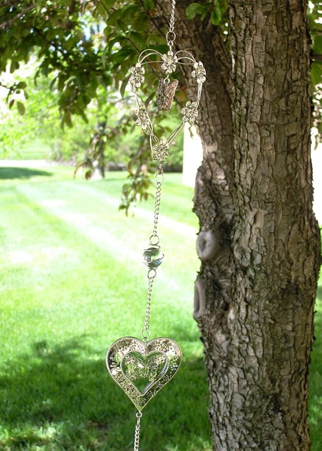 Butterfly Bell Wind Chimes - Butterfly and Heart with Mobile Design - Metal Silver Hearts - Butterflies and Flowers - 40" Long - Sturdy S Hook for Hanging
