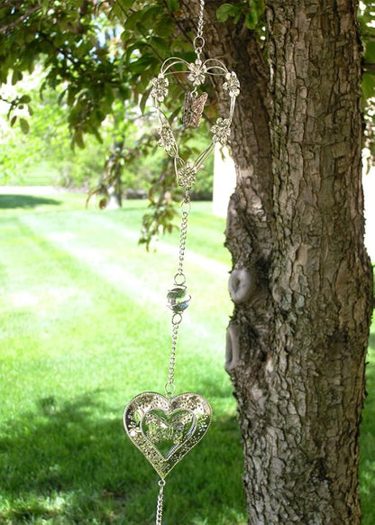 Butterfly Bell Wind Chimes - Butterfly and Heart with Mobile Design - Metal Silver Hearts - Butterflies and Flowers - 40" Long - Sturdy S Hook for Hanging