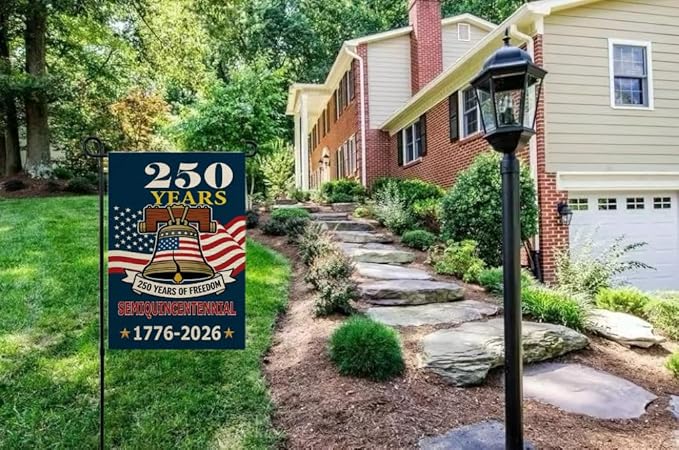 CANTENDO 250th Anniversary USA Patriotic Bell Flag Double Sided Flax Garden Yard Flag Flags 1776-2026 Commemorative Garden Theme Decorative Outdoor Yard Decorative Flags Banner(12"x 18"）