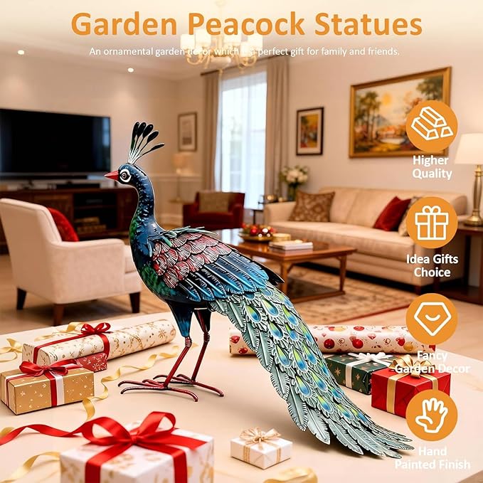 Kircust Metal Peacock Statue for Outdoor Decor - 24" L Elegant Peacock Sculpture for Garden, Patio, Yard, or Home - Weatherproof & Handcrafted Peacock Art