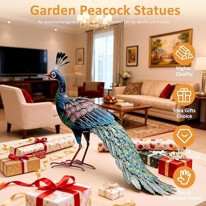 Kircust Metal Peacock Statue for Outdoor Decor - 24" L Elegant Peacock Sculpture for Garden, Patio, Yard, or Home - Weatherproof & Handcrafted Peacock Art