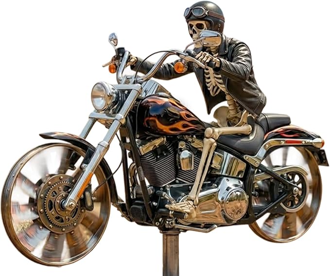 Skeleton Motorcycle Wind Spinner, Biker Skull Windmill Stake with Rotating Wheels for Patio Yard Garden, Unique Resin Outdoor Sculptures Ornament Gift for Friends Motorcycle Lovers