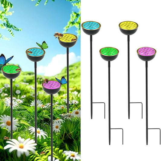 4 Pack Bee Waterer and Butterfly Water Stations for Garden with Bees Island, Bee Water Catcher for Thirsty Pollinators, Colorful Metal Garden Sculpture Stakes Decor