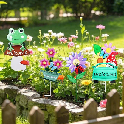 WONDER GARDEN Welcome Decorative Garden Stakes, 4Pcs Flower Metal Yard Signs Lawn Stake with Frog, Mushroom, Gnome, Butterfly and Ladybug for Outdoor Decorations