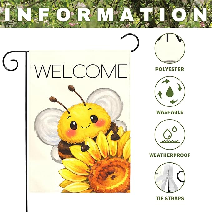 Welcome Garden Flag Cute Bee with Sunflower Outdoor Yard Flags Spring Summer Garden Double Sided Bee Banner for Lawn Yard Porch Patio Farmhouse Rustic Outdoor Seasonal Home Decor 12x18 Inch
