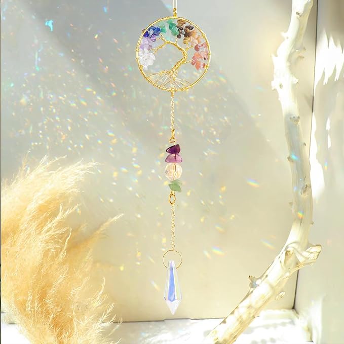 Handmade 7 Chakra Tree of Life Crystal Suncatcher, Sun Catcher Hanging for Car, Windows, Spiritual, Rainbow Maker, Butterfly Indoor Garden Home Decor