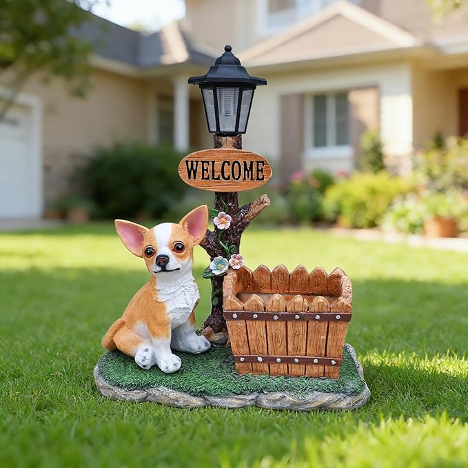 20" Solar Chihuahua Garden Statue with Welcome Sign & Planter - Large Dog Sculpture with LED Street Lantern - Weatherproof Resin Decorative Flower Pot for Porch, Yard & Patio - Pet Lover Gift