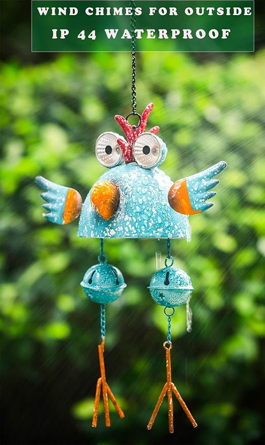 Rooster Solar Wind Chimes for Outside,Funny Chicken Decor for Outdoor Patio Porch or Backyard, Rooster Decor, (Blue)