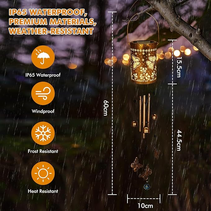Solar Wind Chimes for Outside - Retro Metal Hanging Solar Lantern for Garden, Patio Decor, IP65 Waterproof Solar Powered Light - Perfect Birthday, Mothers Day Gift for Women(Butterfly)