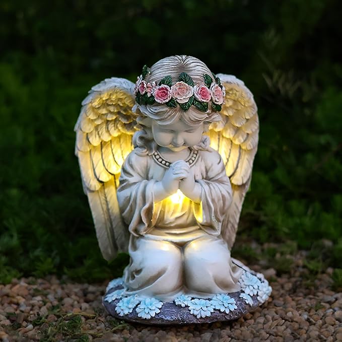 VEEKI Solar Angel Garden Statue Outdoor, Resin Angel Statues Solar Figurine Lights Outdoor Waterproof, Angel Sculpture for Outside Garden Yard Patio Grave Cemetery Decor, Sympathy Memorial Gift