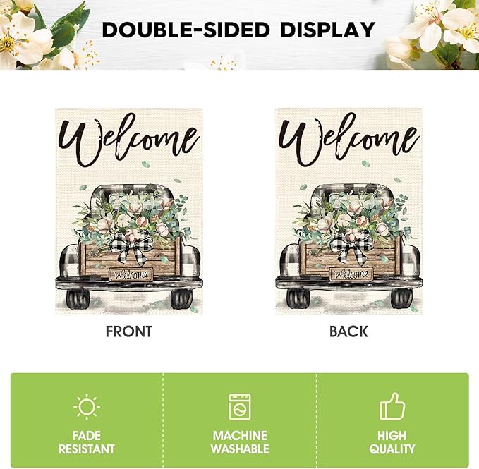 AVOIN colorlife Welcome Spring Truck Garden Flag 12x18 Inch Double Sided, Cotton Rustic Buffalo Plaid Yard Outdoor Flag