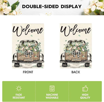 AVOIN colorlife Welcome Spring Truck Garden Flag 12x18 Inch Double Sided, Cotton Rustic Buffalo Plaid Yard Outdoor Flag